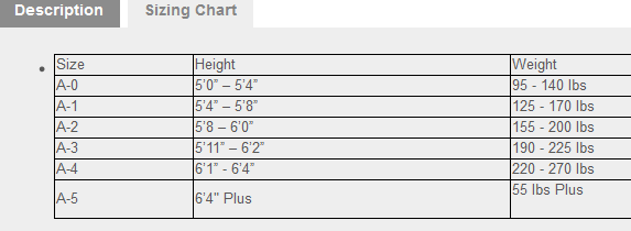 Kingz Kimonos Size Chart